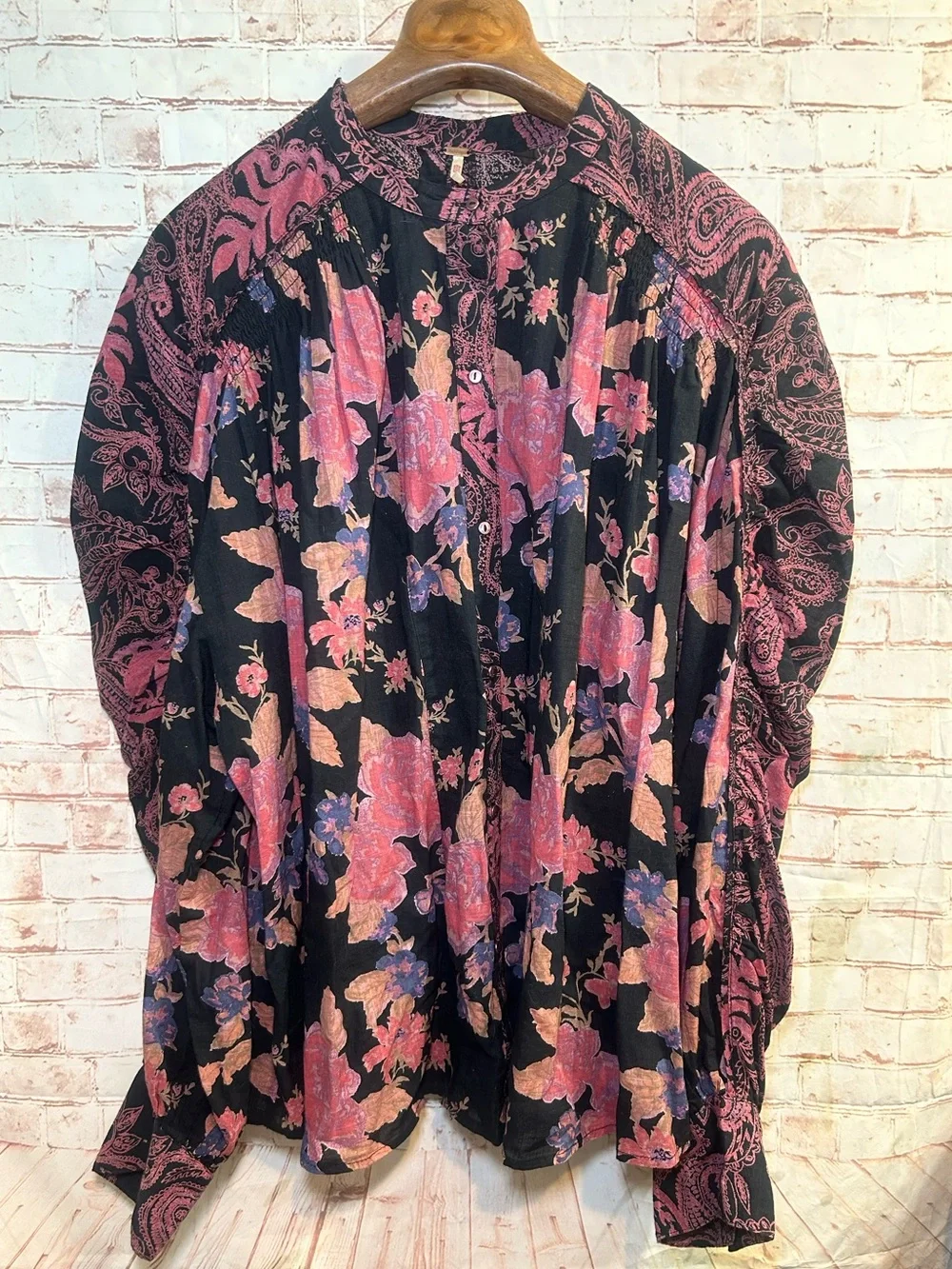 Free People Maraya Paisley Floral Blouse XL Black Multi Boho Balloon Sleeve Top